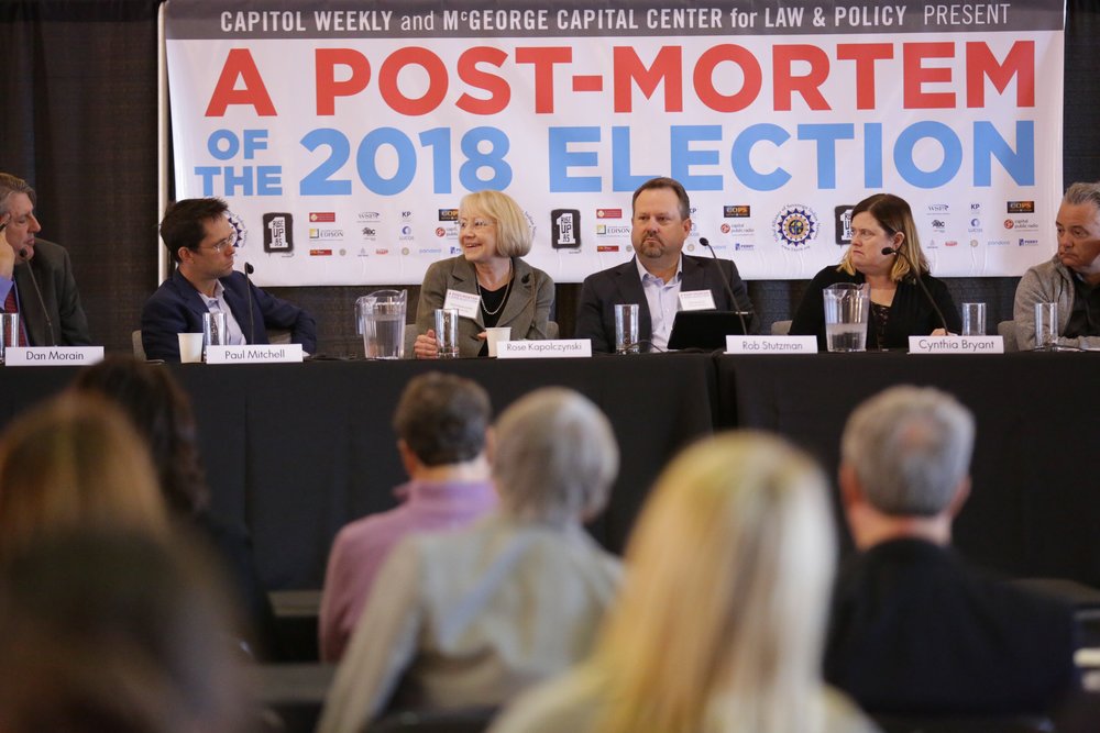  Dan Morain moderates panelists Paul Mitchell, Rose Kapolczynski, Rob Stutzman, Cynthia Bryant, Parke Skelton, Katie Merrill in a conversation on the hyped “Blue Wave.”  Photo by Scott Duncan, courtesy of Capitol Weekly.  